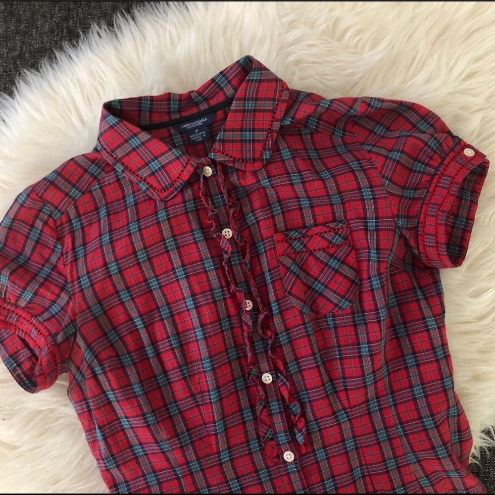 AE SHORT SLEEVE RUFFLED BUTTON UP SHIRT - Sz: 0